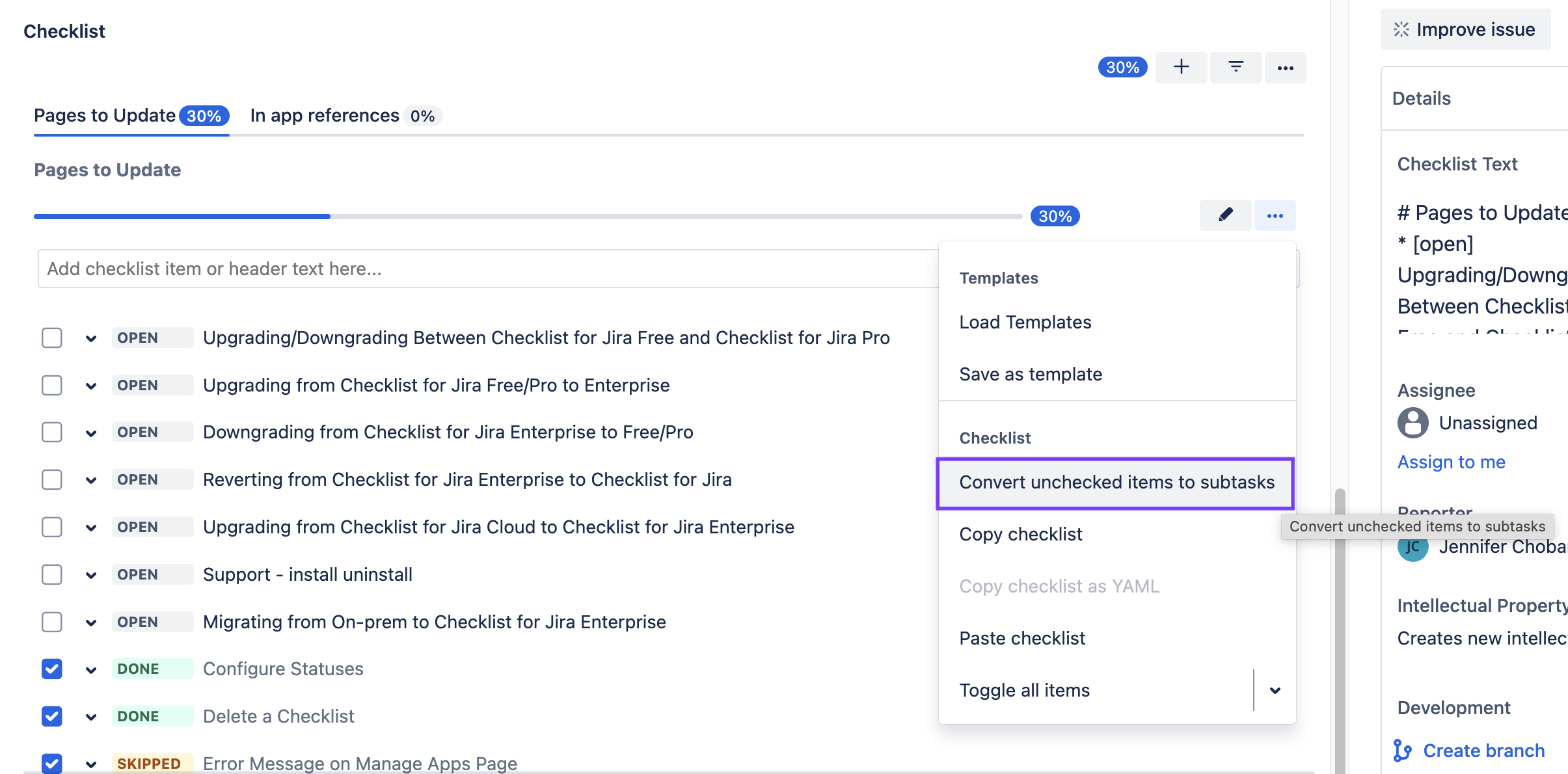 Convert a Checklist Item to Issue or Subtask