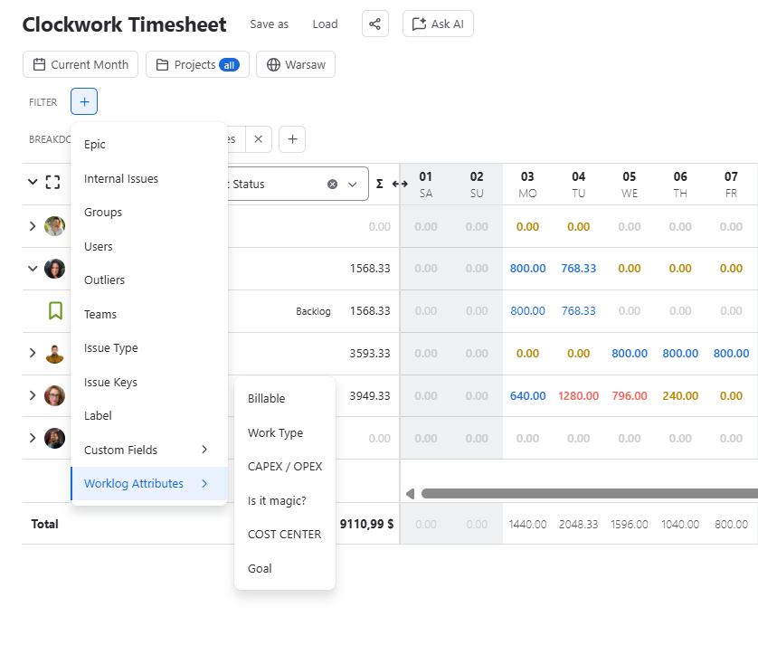Filter and group by worklog attributes.png